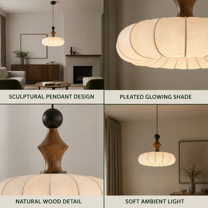 Pendant Light Fabric Shade & Wood Base Dimmable