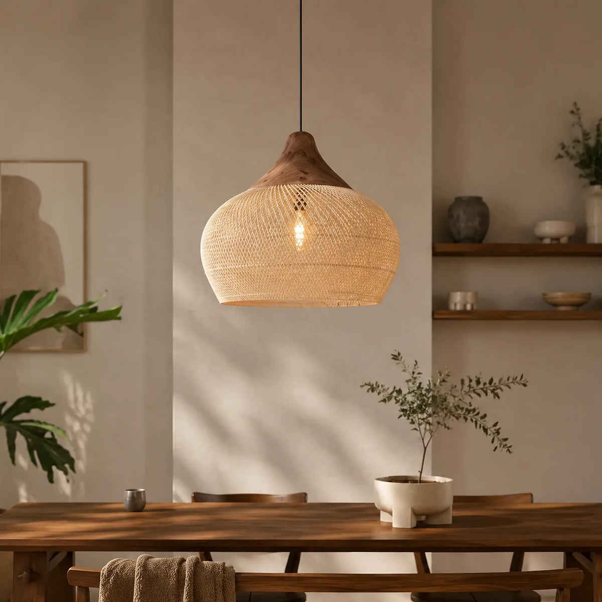 Pendant Light Handwoven Rattan Downward Facing Two Sizes