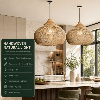 Pendant Light Handwoven Rattan Downward Facing Two Sizes