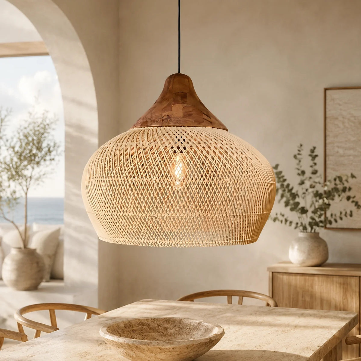 Pendant Light Handwoven Rattan Downward Facing Two Sizes