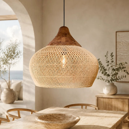 Pendant Light Handwoven Rattan Downward Facing Two Sizes