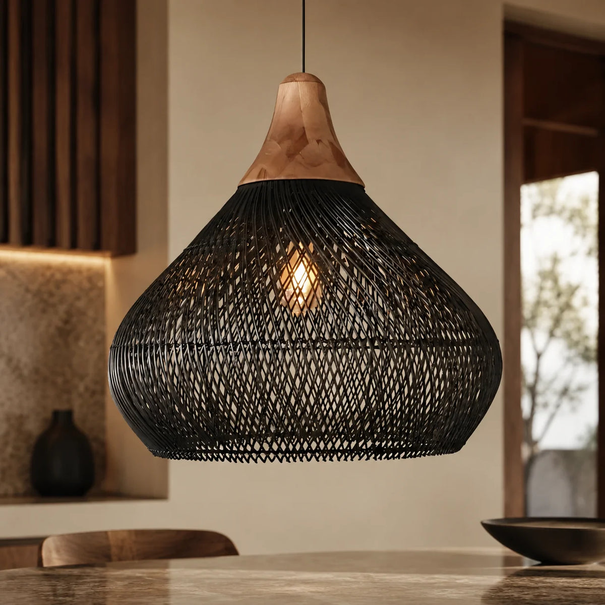 Pendant Light Handwoven Rattan Downward Facing Two Sizes