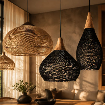 Pendant Light Handwoven Rattan Downward Facing Two Sizes