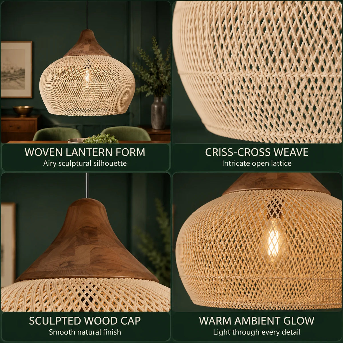 Pendant Light Handwoven Rattan Downward Facing Two Sizes