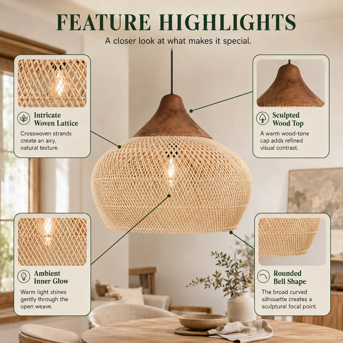Pendant Light Handwoven Rattan Downward Facing Two Sizes