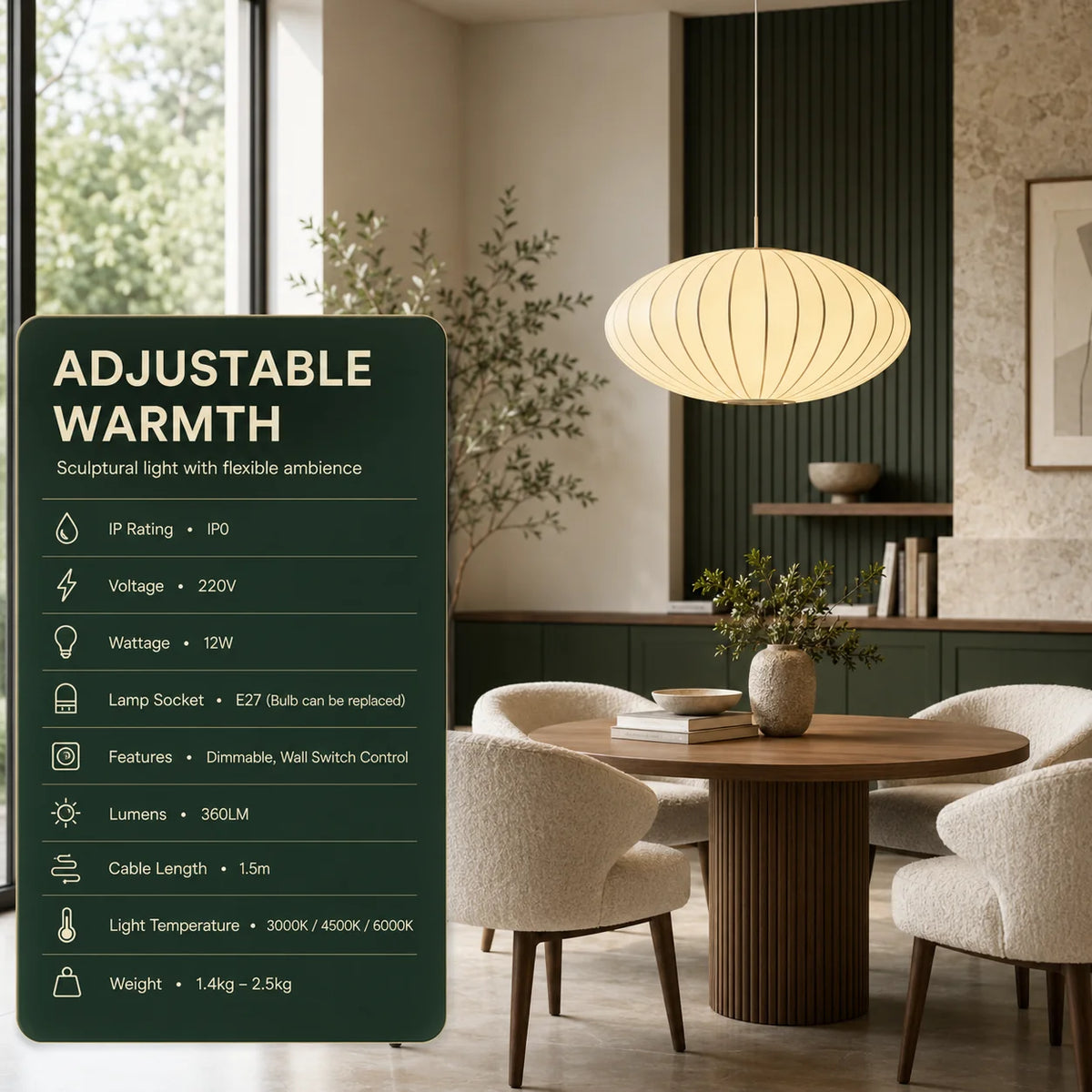 Pendant Light Ribbed Silk-Look Adjustable Brightness & Color Temp