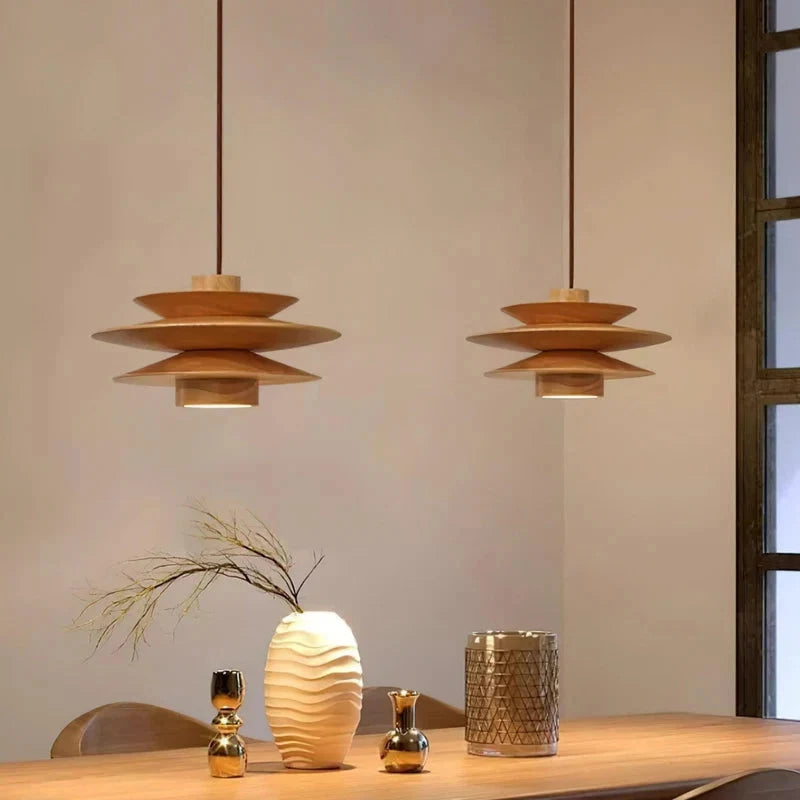 Pendant Light Tiered Sculptural Solid Rubberwood Dimmable