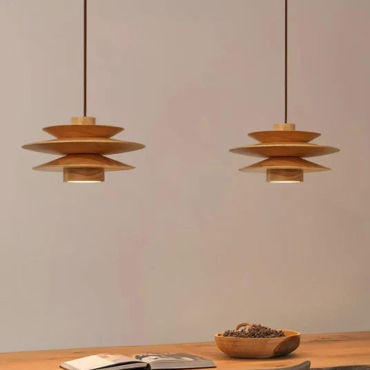 Pendant Light Tiered Sculptural Solid Rubberwood Dimmable
