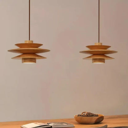 Pendant Light Tiered Sculptural Solid Rubberwood Dimmable