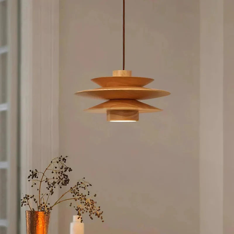 Pendant Light Tiered Sculptural Solid Rubberwood Dimmable