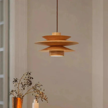 Pendant Light Tiered Sculptural Solid Rubberwood Dimmable