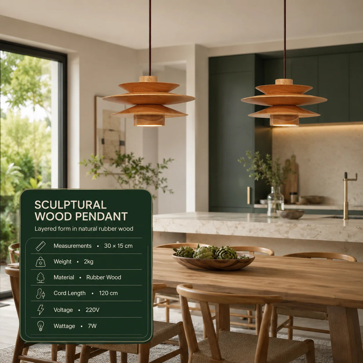 Pendant Light Tiered Sculptural Solid Rubberwood Dimmable