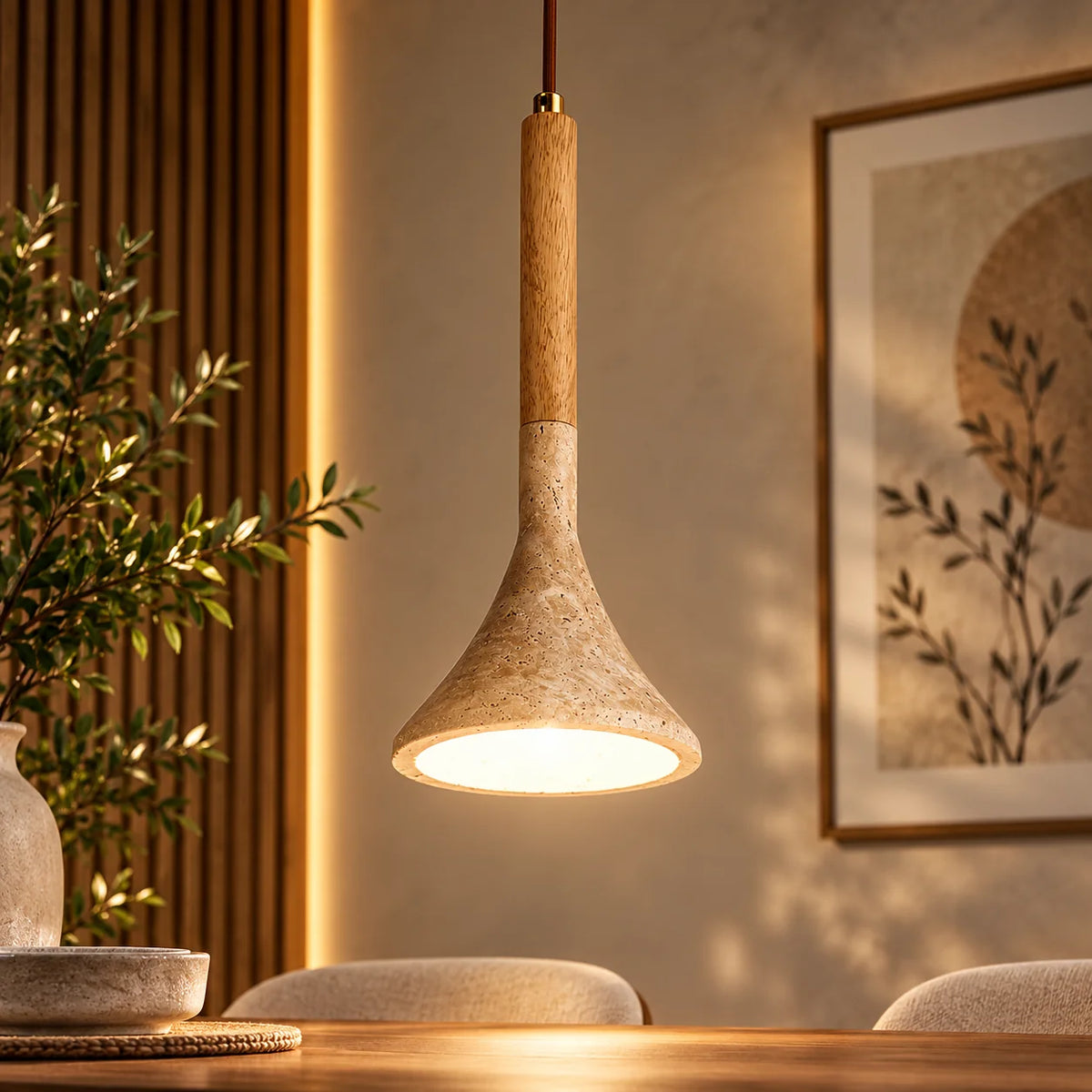 Pendant Light Travertine Stone Shade & Walnut Wood 3000K