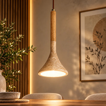 Pendant Light Travertine Stone Shade & Walnut Wood 3000K
