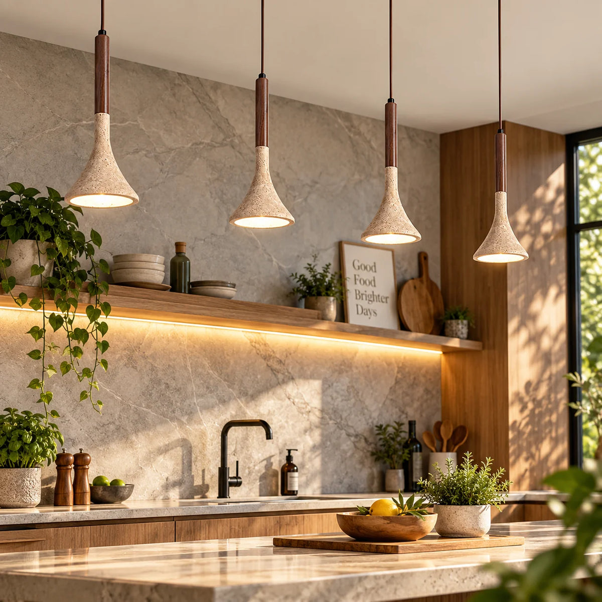 Pendant Light Travertine Stone Shade & Walnut Wood 3000K