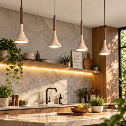 Pendant Light Travertine Stone Shade & Walnut Wood 3000K