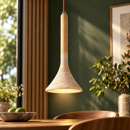 Pendant Light Travertine Stone Shade & Walnut Wood 3000K