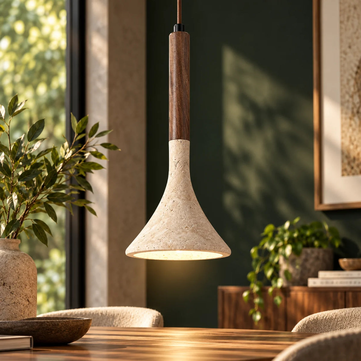 Pendant Light Travertine Stone Shade & Walnut Wood 3000K