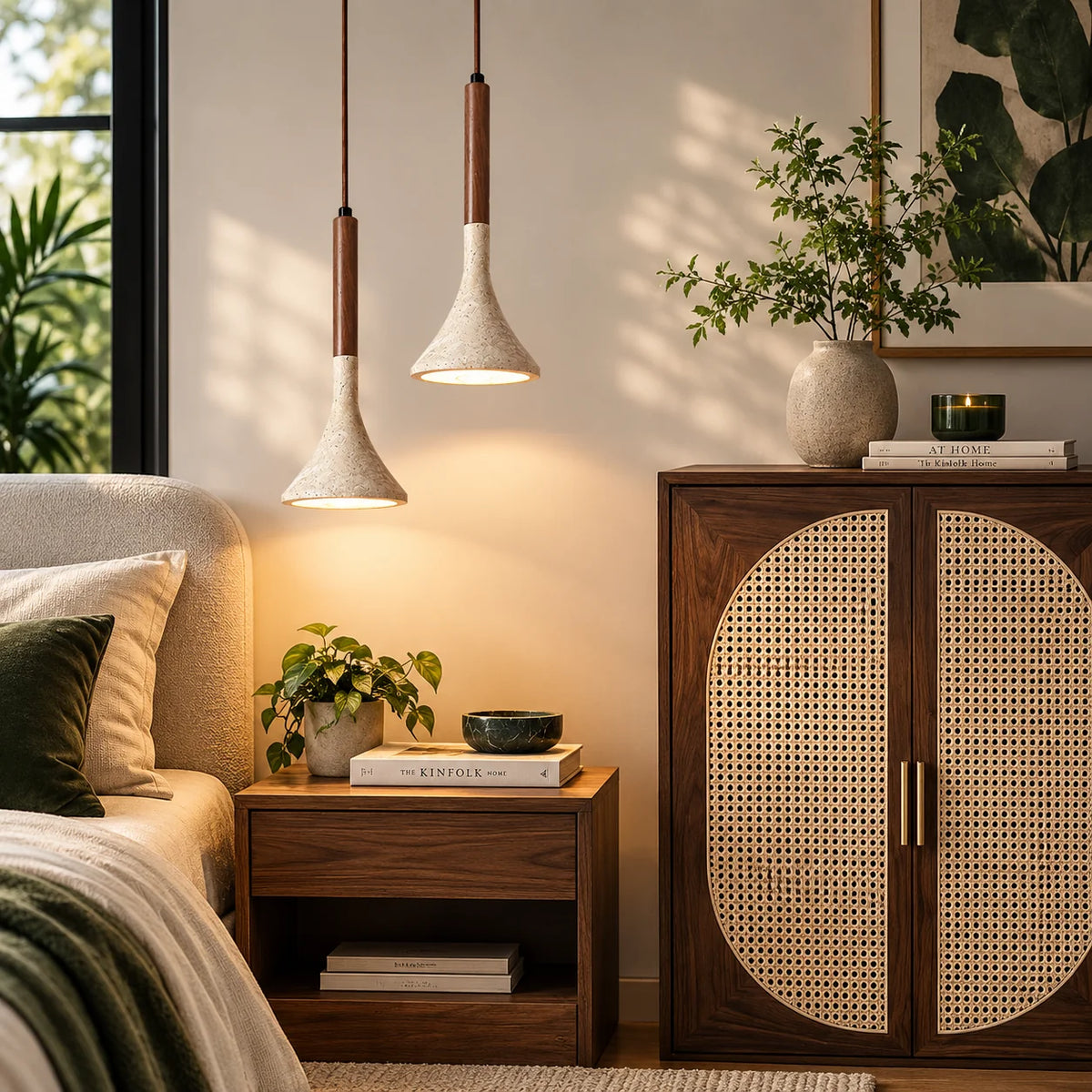 Pendant Light Travertine Stone Shade & Walnut Wood 3000K