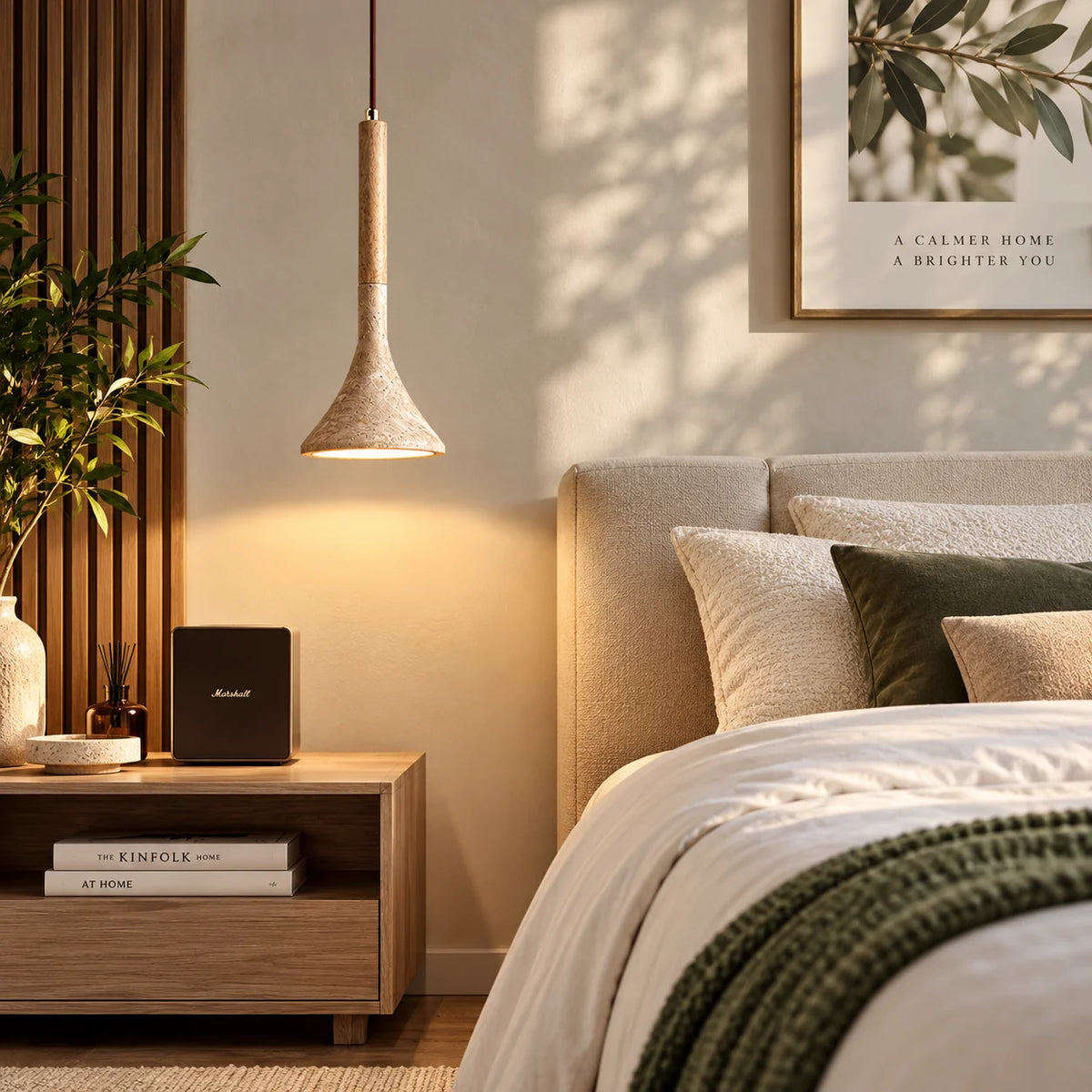 Pendant Light Travertine Stone Shade & Walnut Wood 3000K