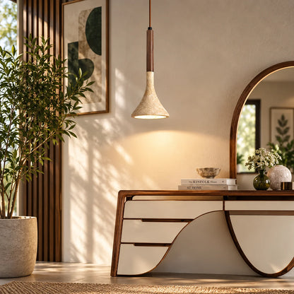 Pendant Light Travertine Stone Shade & Walnut Wood 3000K