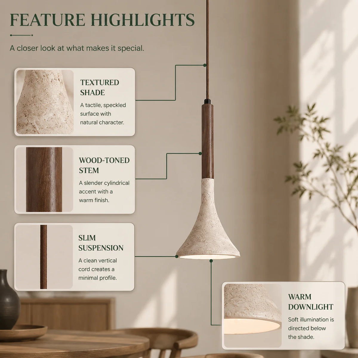 Pendant Light Travertine Stone Shade & Walnut Wood 3000K
