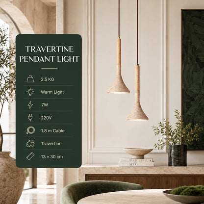 Pendant Light Travertine Stone Shade & Walnut Wood 3000K