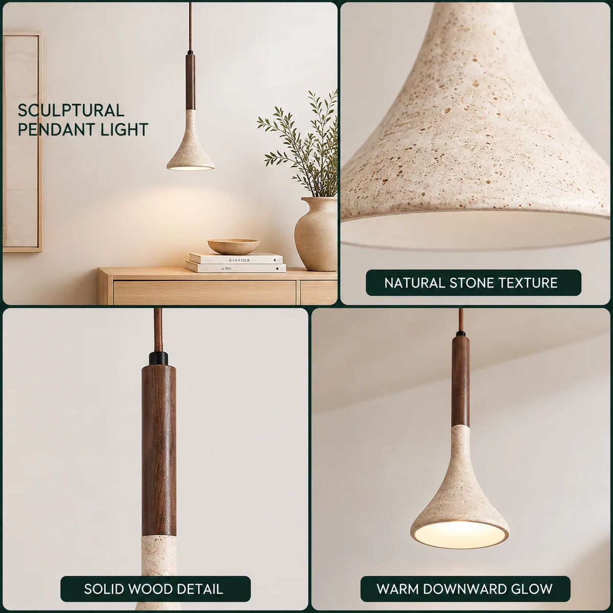 Pendant Light Travertine Stone Shade & Walnut Wood 3000K