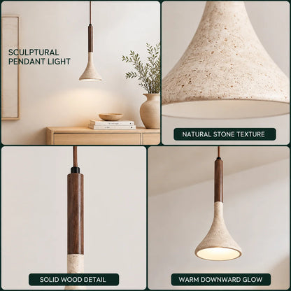 Pendant Light Travertine Stone Shade & Walnut Wood 3000K