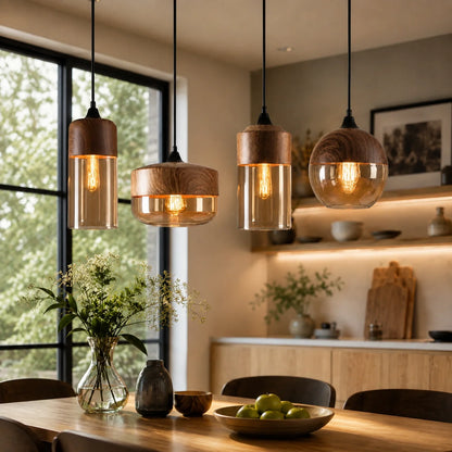 Pendant Light Wood Frame & Glass Shade Adjustable Cord