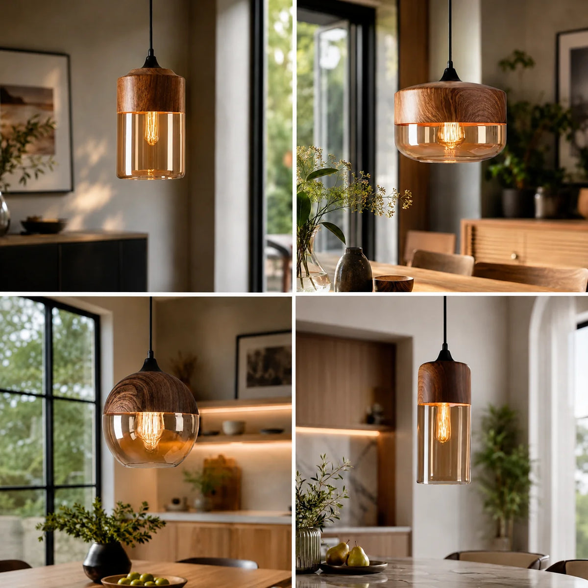 Pendant Light Wood Frame & Glass Shade Adjustable Cord