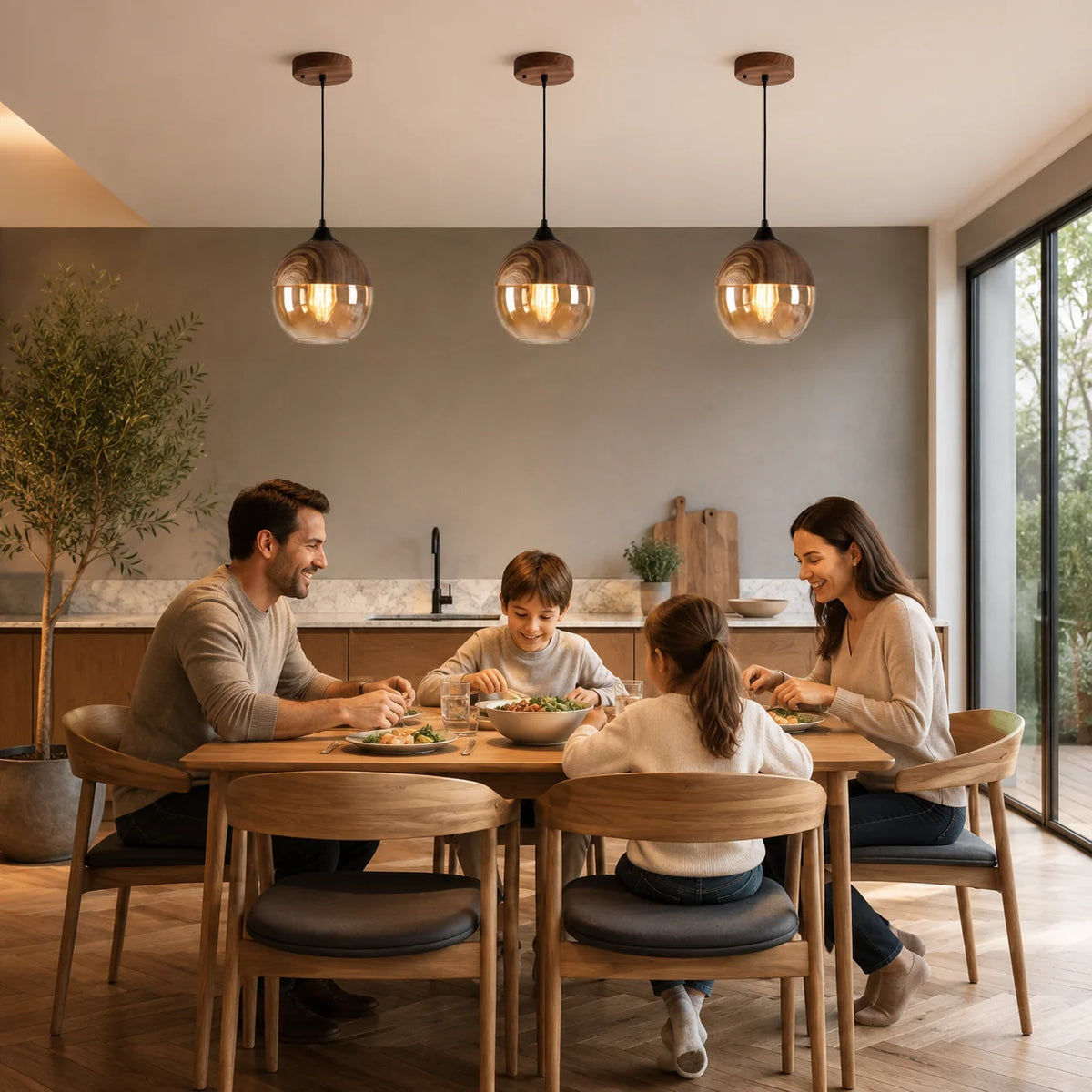Pendant Light Wood Frame & Glass Shade Adjustable Cord