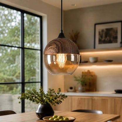 Pendant Light Wood Frame & Glass Shade Adjustable Cord