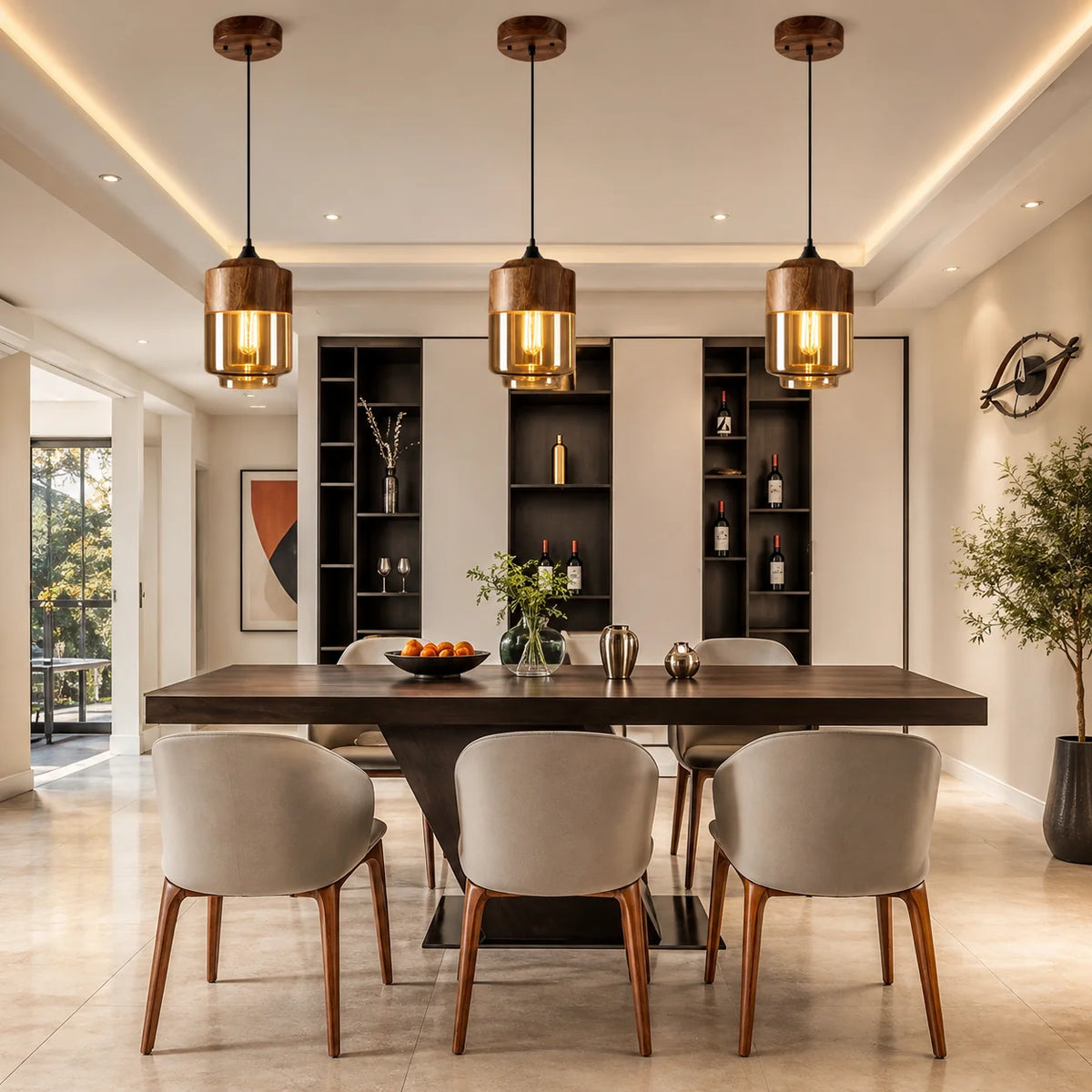 Pendant Light Wood Frame & Glass Shade Adjustable Cord