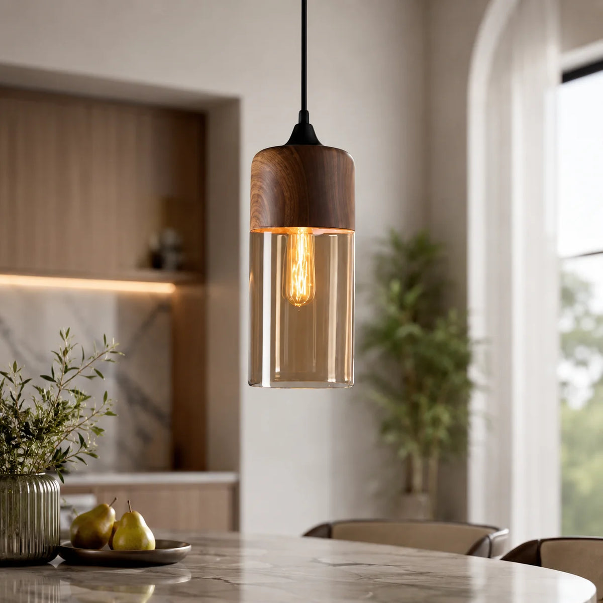 Pendant Light Wood Frame & Glass Shade Adjustable Cord