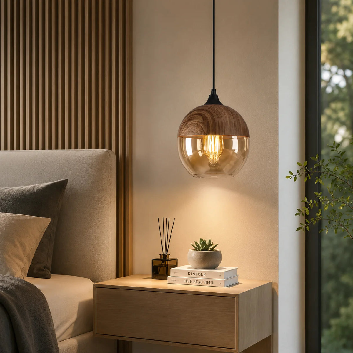 Pendant Light Wood Frame & Glass Shade Adjustable Cord