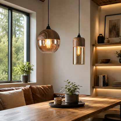 Pendant Light Wood Frame & Glass Shade Adjustable Cord