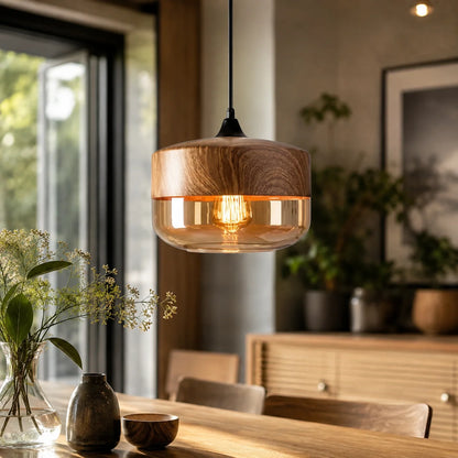 Pendant Light Wood Frame & Glass Shade Adjustable Cord
