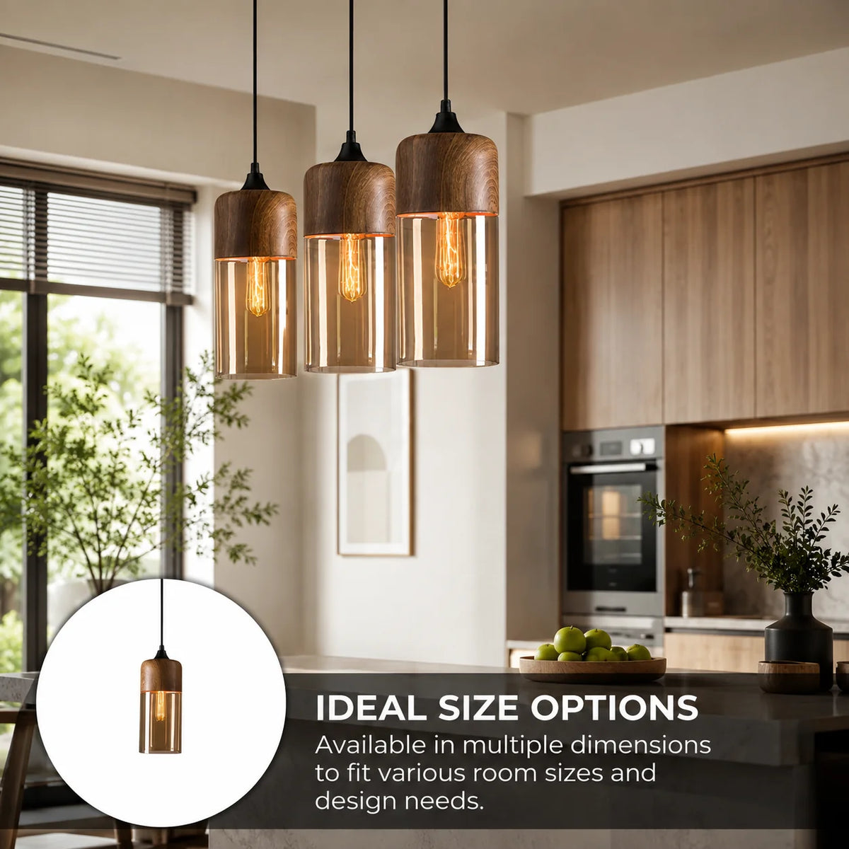Pendant Light Wood Frame & Glass Shade Adjustable Cord
