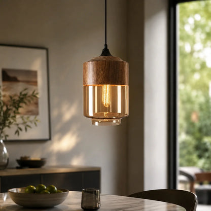 Pendant Light Wood Frame & Glass Shade Adjustable Cord
