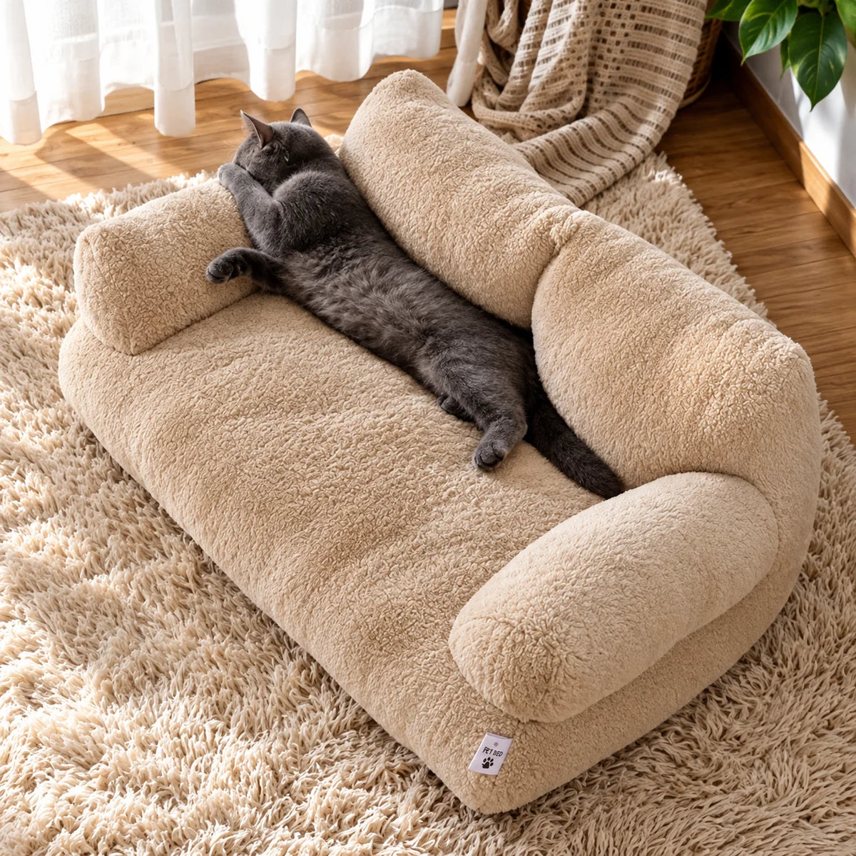 Pet Sofa Bed Raised Rim Plush & Machine-Washable Cover