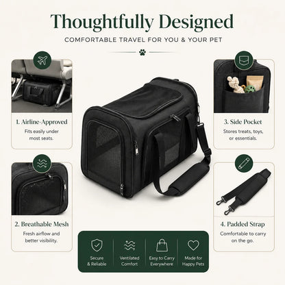 Pet Travel Carrier Airline-Approved Mesh Ventilation & Padded Mat