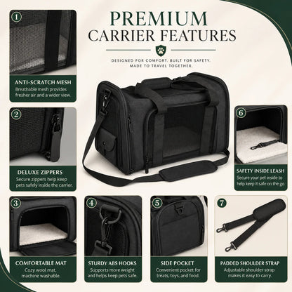 Pet Travel Carrier Airline-Approved Mesh Ventilation & Padded Mat