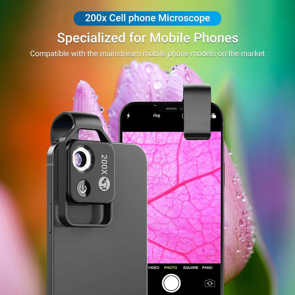 Phone Camera Lens Clip-On 200x Magnification LED Light