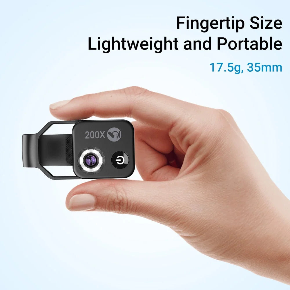 Phone Camera Lens Clip-On 200x Magnification LED Light