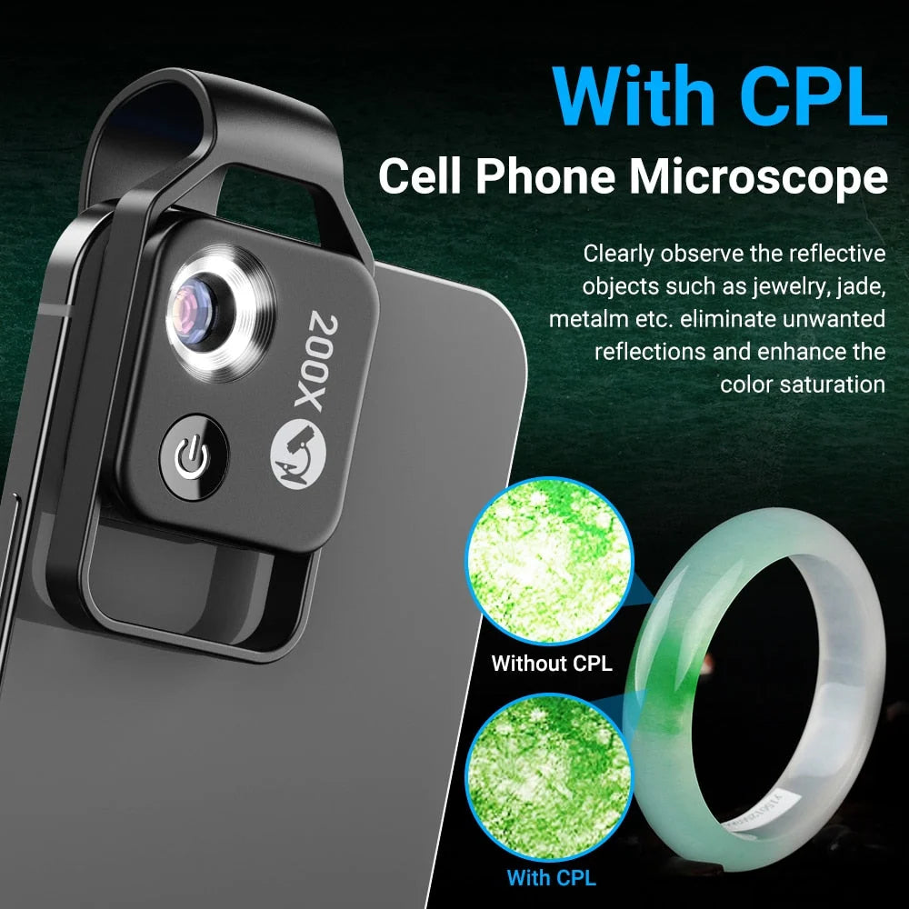 Phone Camera Lens Clip-On 200x Magnification LED Light