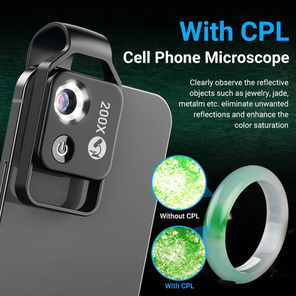 Phone Camera Lens Clip-On 200x Magnification LED Light
