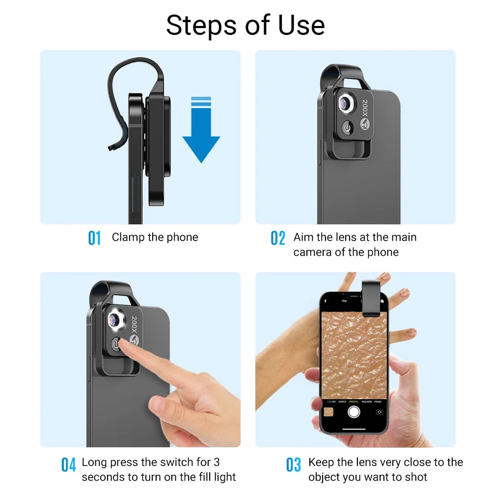 Phone Camera Lens Clip-On 200x Magnification LED Light