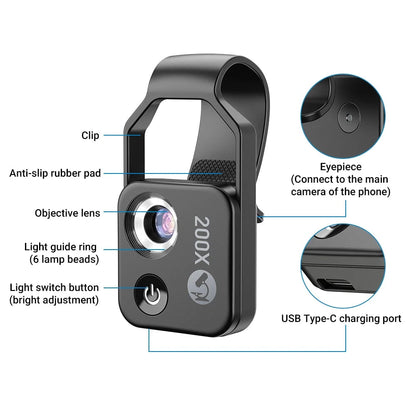 Phone Camera Lens Clip-On 200x Magnification LED Light
