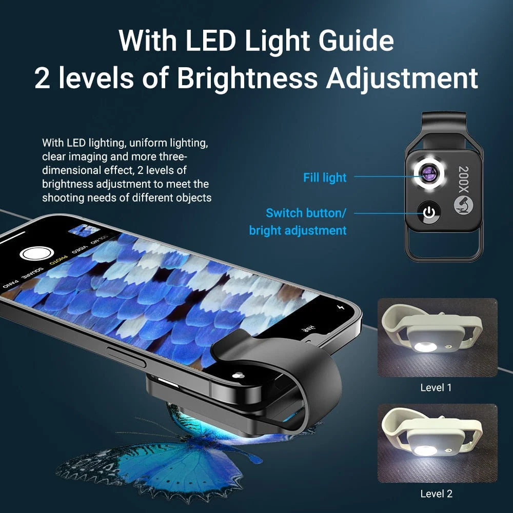 Phone Camera Lens Clip-On 200x Magnification LED Light
